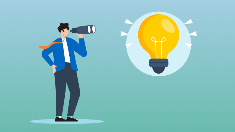 man looking through telescope at lightbulb