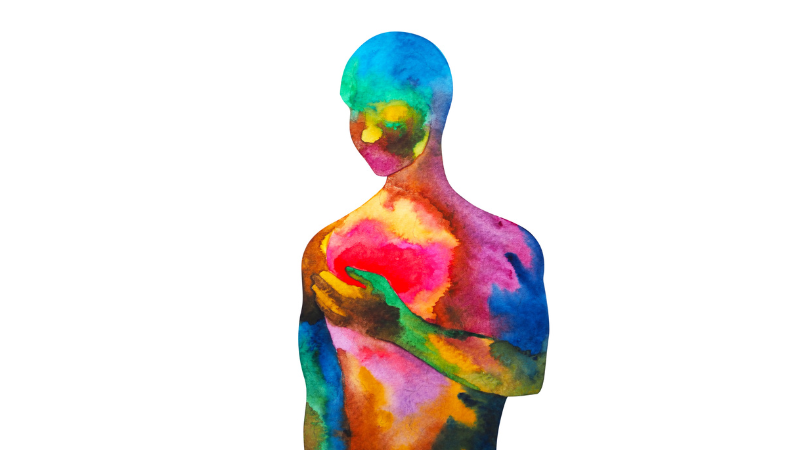 watercolor illustration of a person with hand on their heart