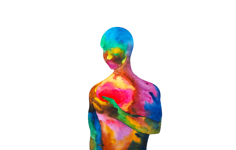 watercolor illustration of a person with hand on their heart
