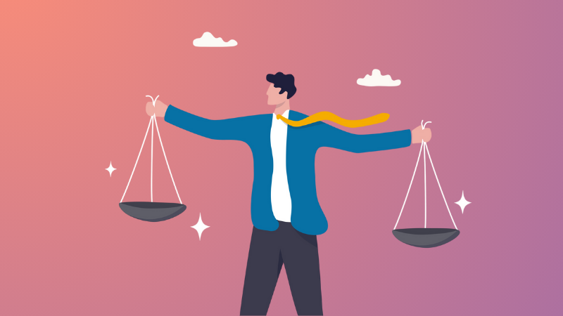 man holding 2 dishes on strings to look like a human scale