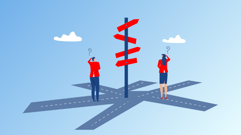 man and woman stuck at a crossroad unsure which direction to go
