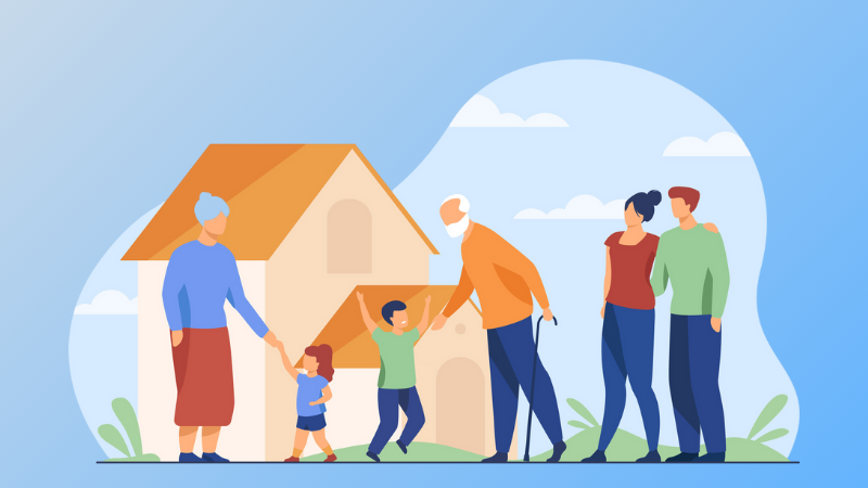 family of 6 in front of house