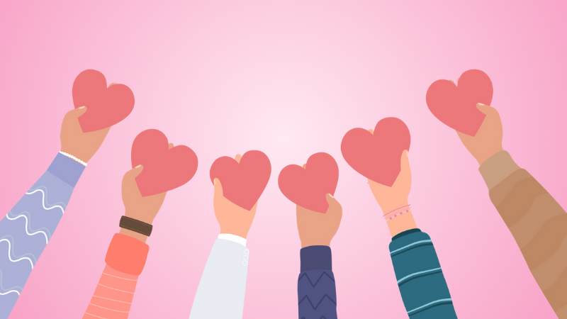 6 hands holding love hearts