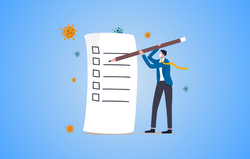 man wearing a medical mask surrounded by germs writing a list