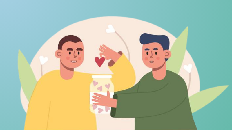 Man giving a heart to another man holding a jar full of hearts