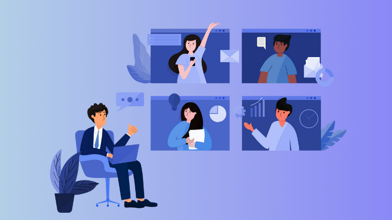 5 employees having a virtual meeting