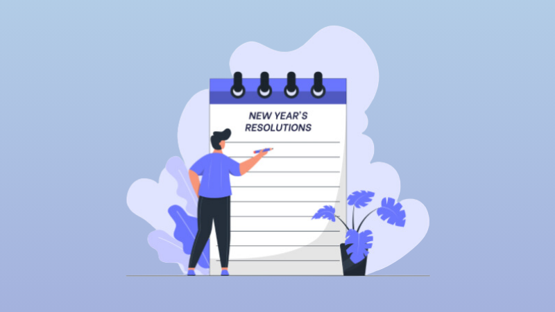 Man standing in front of a giant list titled "New Year's Resolutions".