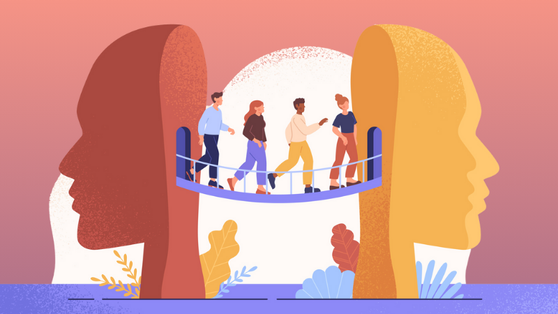 4 people walking across a bridge connecting two minds