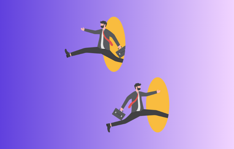 2 businessmen jumping through portals
