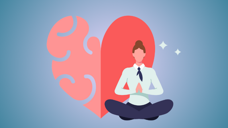 manager meditating in front of half brain half heart illustration