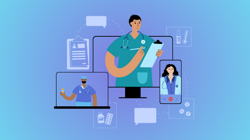 Doctors team gives medicines and prescription to a patient via smartphone or laptop