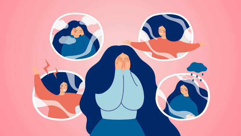 woman surrounded by different emotional 'versions' of herself