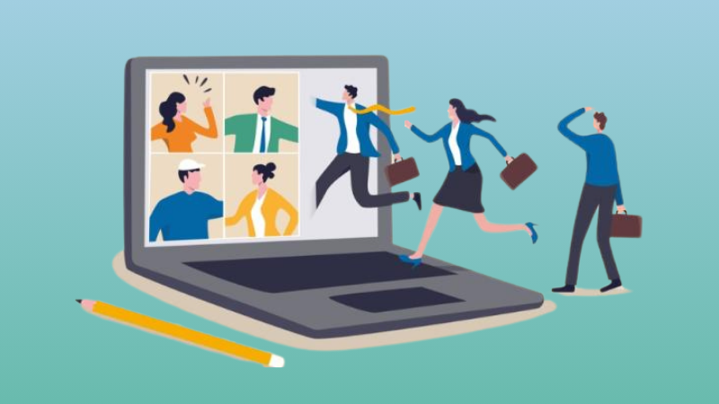 employees jumping into a giant laptop screen