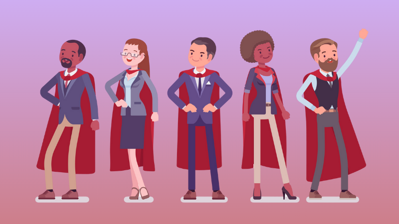 5 employees wearing capes to demonstrate their "leadership superpower"