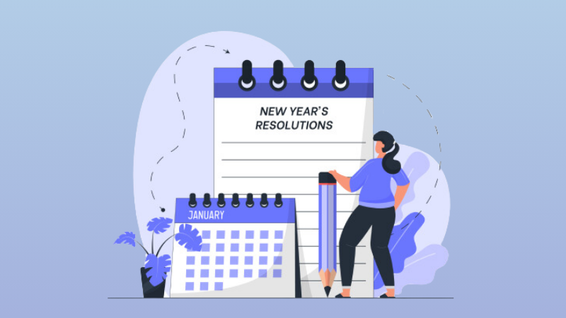 woman staring at list that says "new year's resolutions"