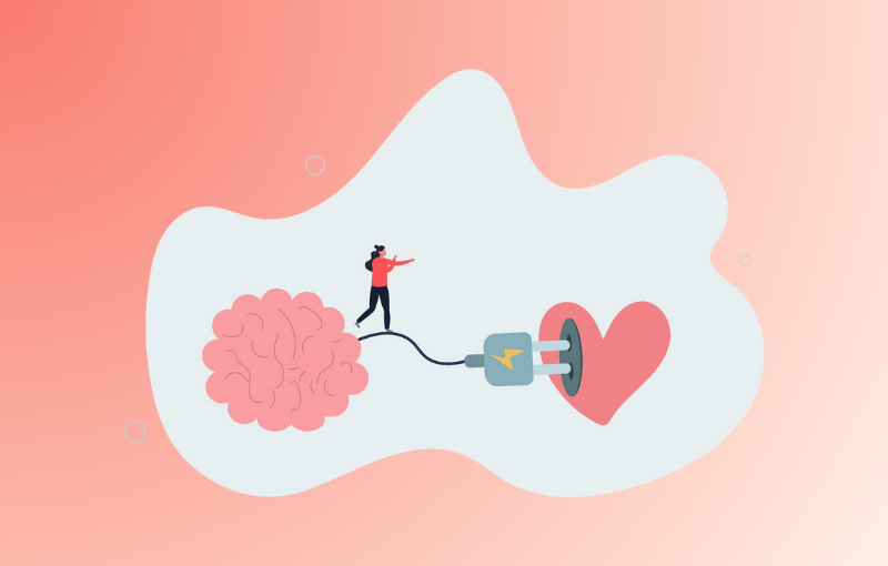 brain plugging into a heart to symbolize that they are connected