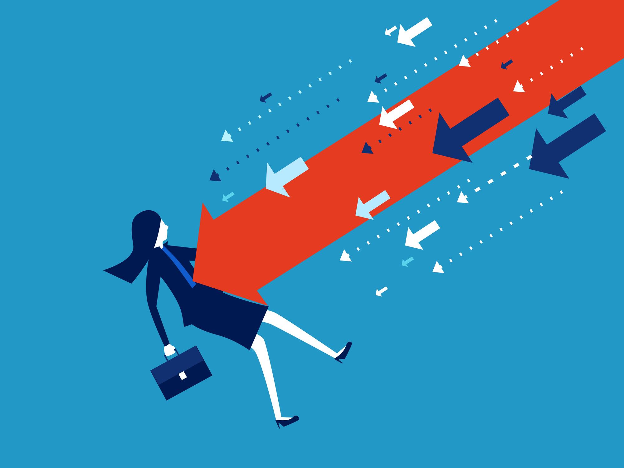 business woman being pushed down by arrows representing sexism