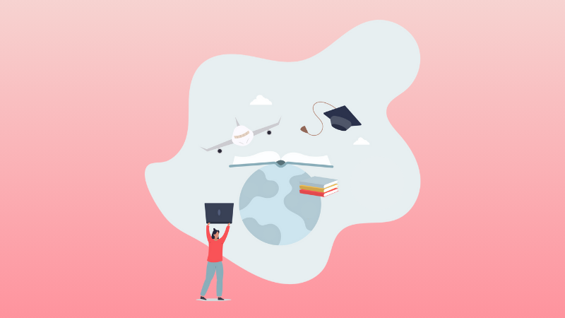 international student in front of globe