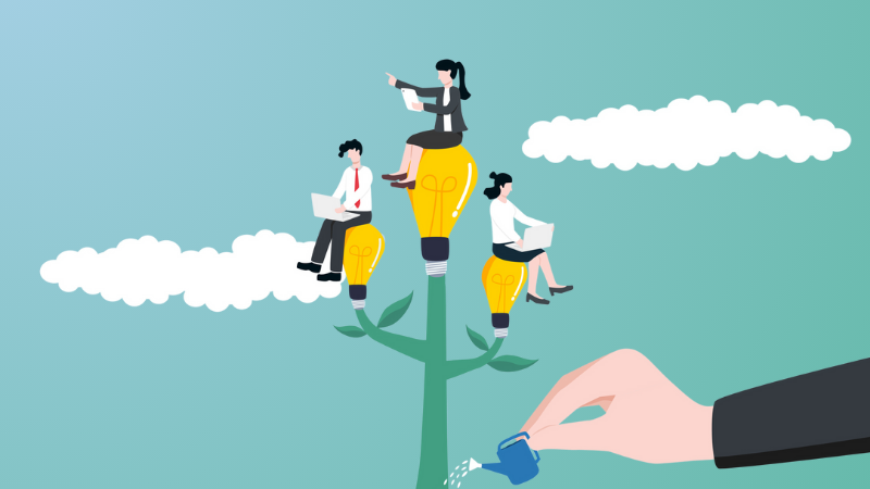 boss watering plant that employees are sitting on to help them grow