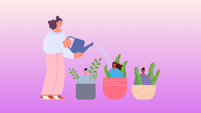woman watering plants that represent other people to help them grow