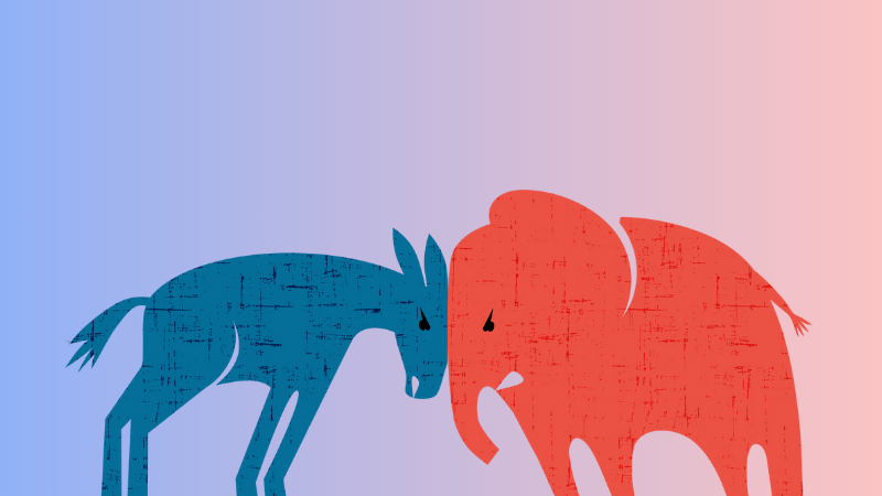 Democratic donkey and Republican elephant butting heads