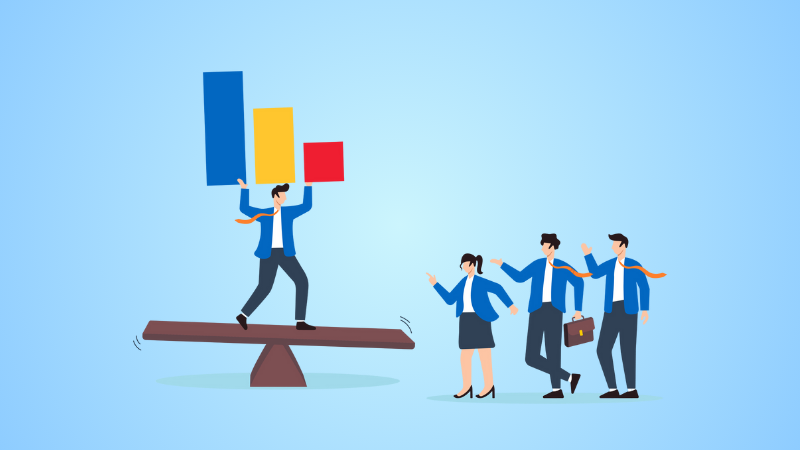 coworkers watching leader balance on a scale while holding a growth bar graph