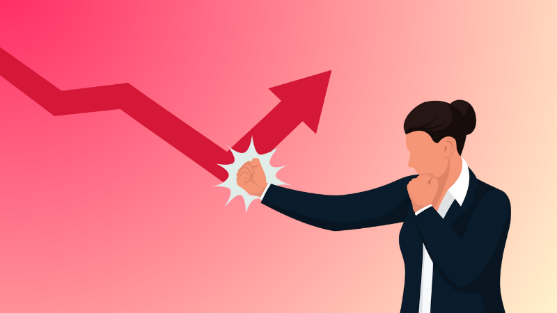 woman punching downwards arrow to change direction upwards