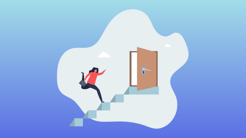 woman walking up flight of stairs