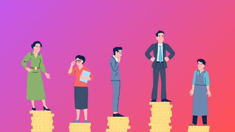 Several employees standing on coin stacks of varying heights