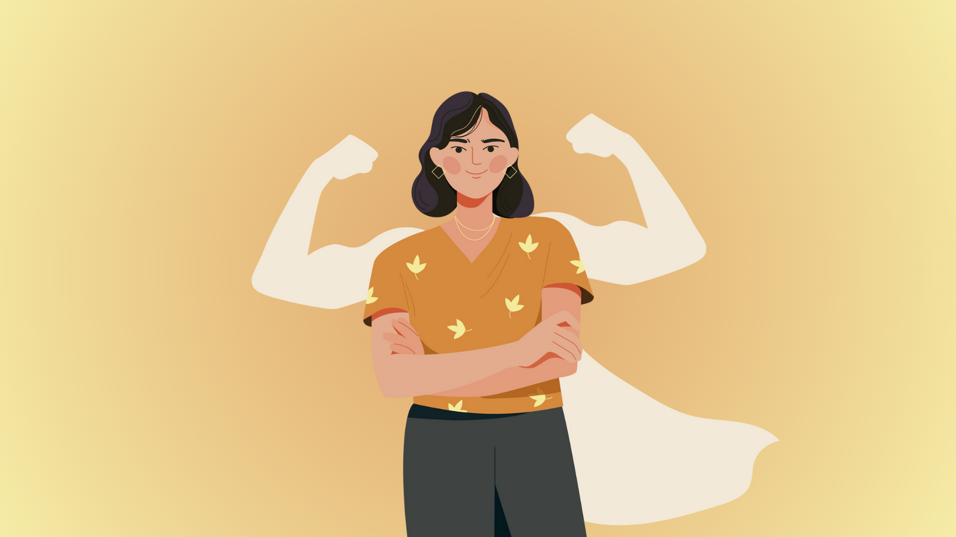 woman with superhero silhouette behind