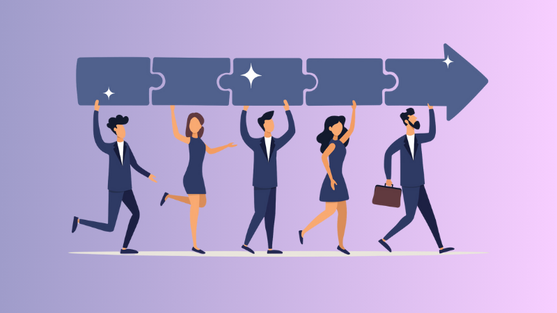 5 employees pushing an arrow forward