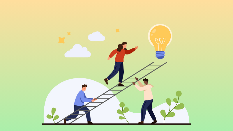 3 employees climbing a ladder towards a lightbulb