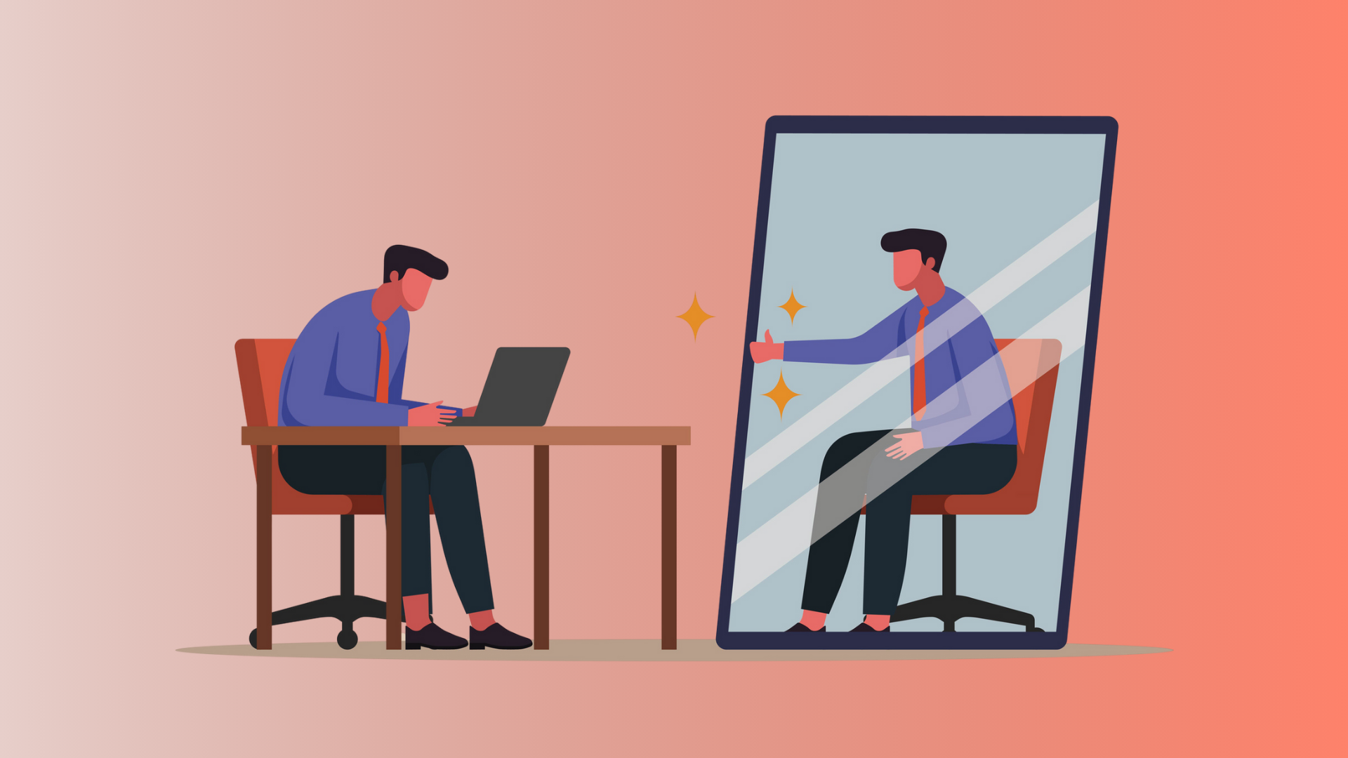 man sitting in front of a mirror and reflection showing a thumbs up