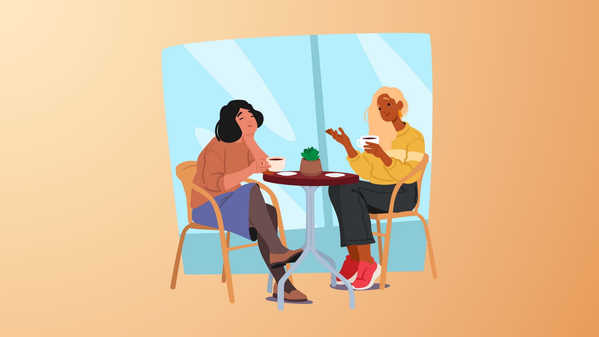 2 women chatting at a table