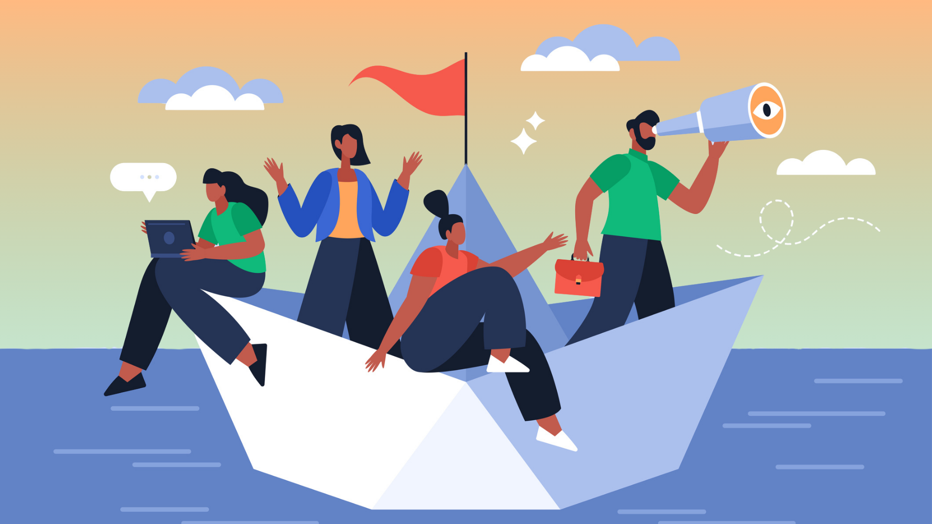 4 employees demonstrating resilience on a paper boat