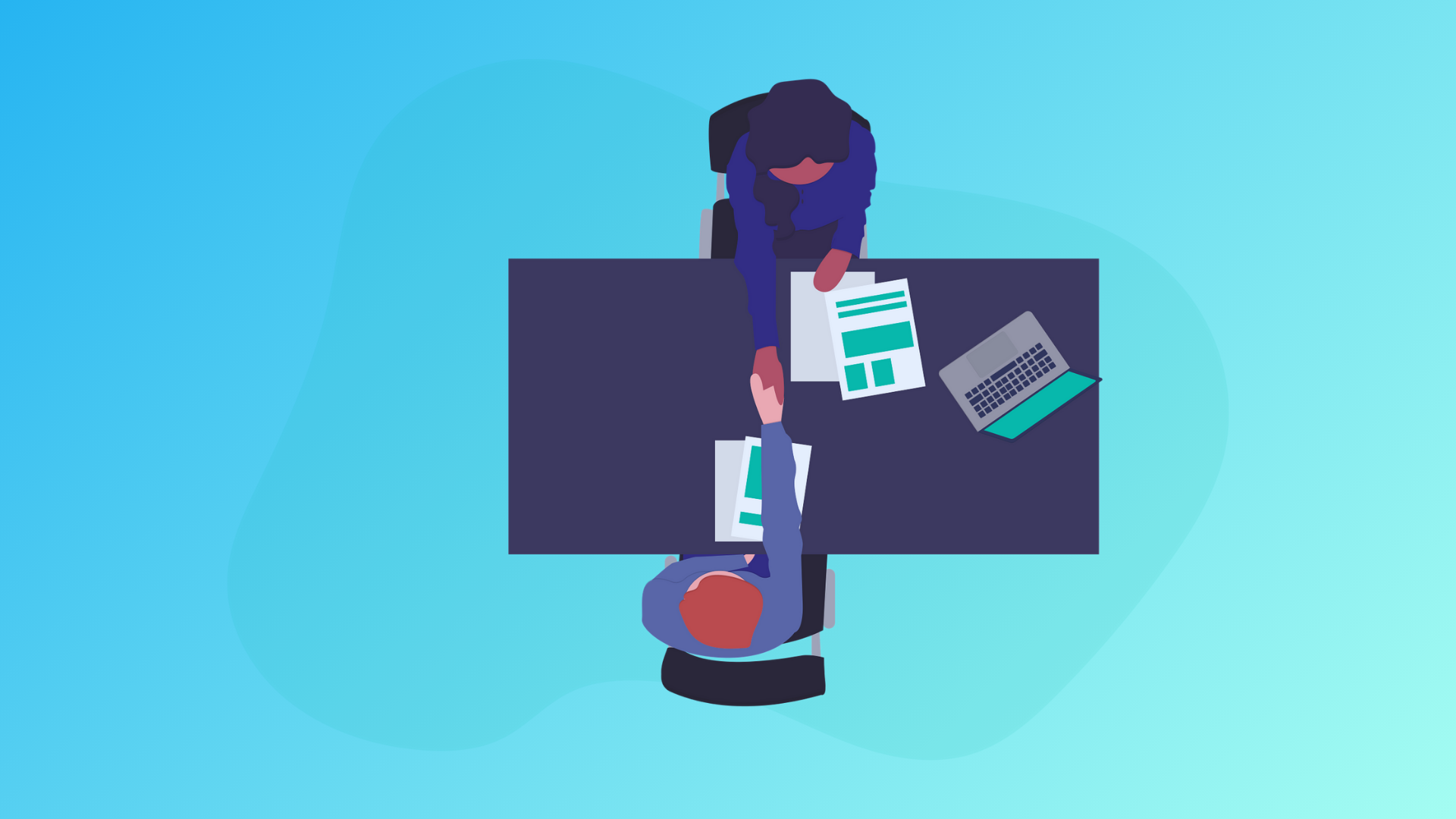 boss and employee shaking hands over a desk