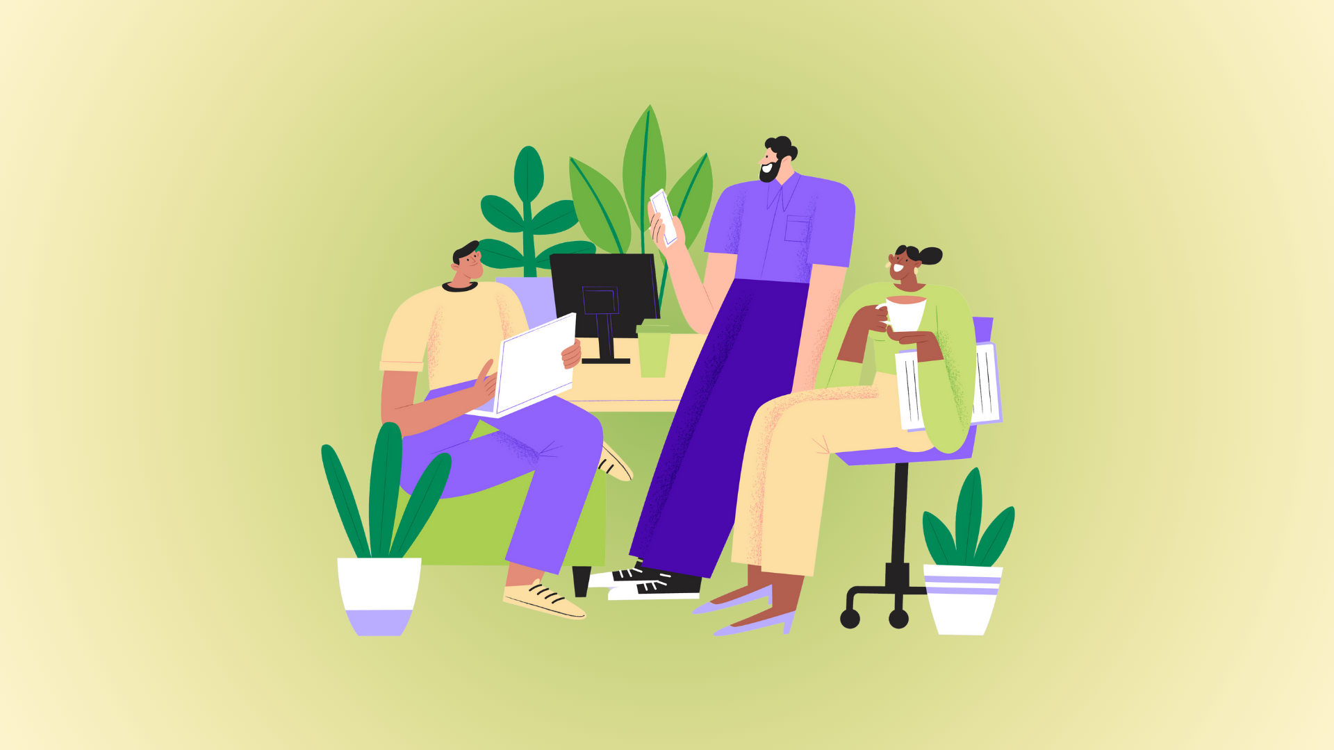 3 employees smiling and chatting