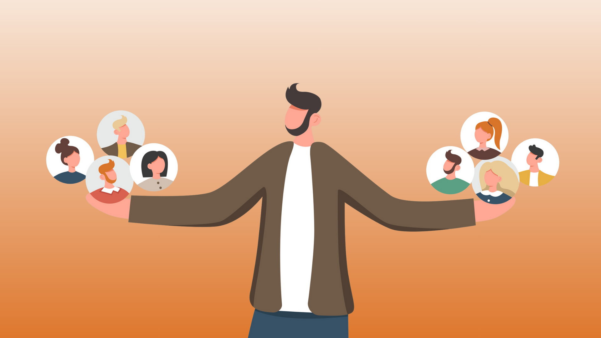 man holding bubbles in each hand with people's faces in them