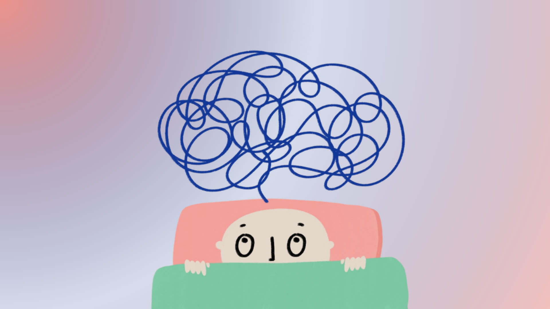 Man laying in bed with scribble line above his head to show thinking