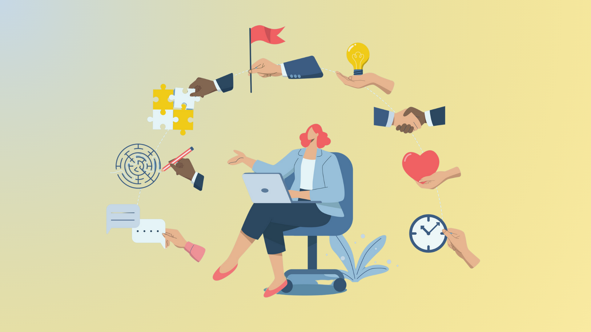 boss with different symbols representing leadership styles surrounding them