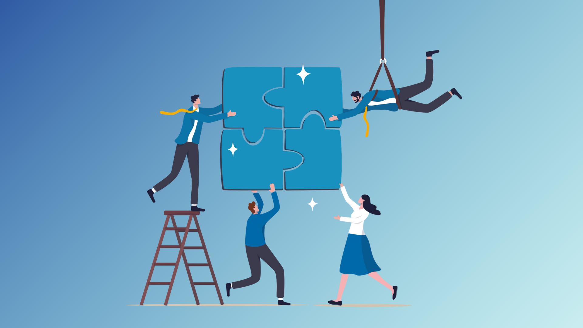 4 employees working together to complete a puzzle