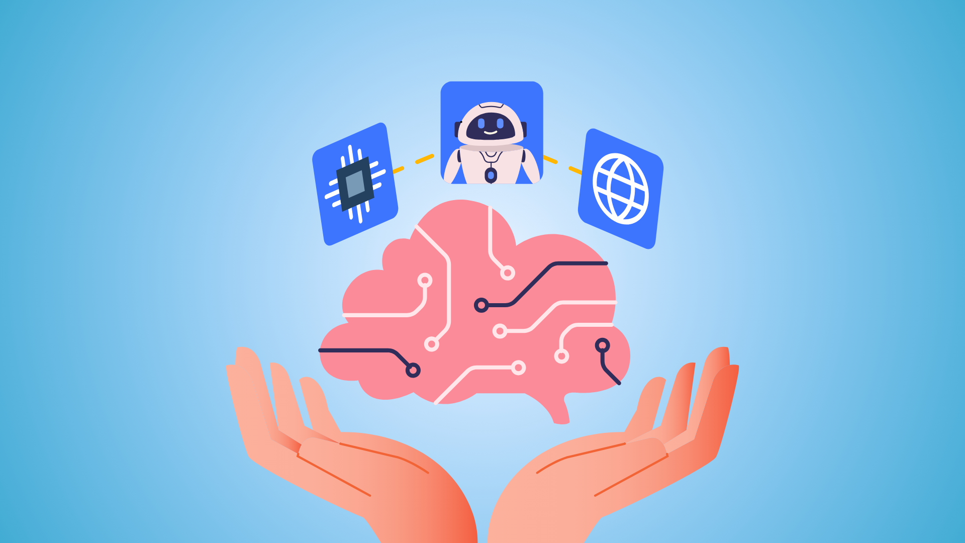 hands holding a brain demonstrating AI technology change