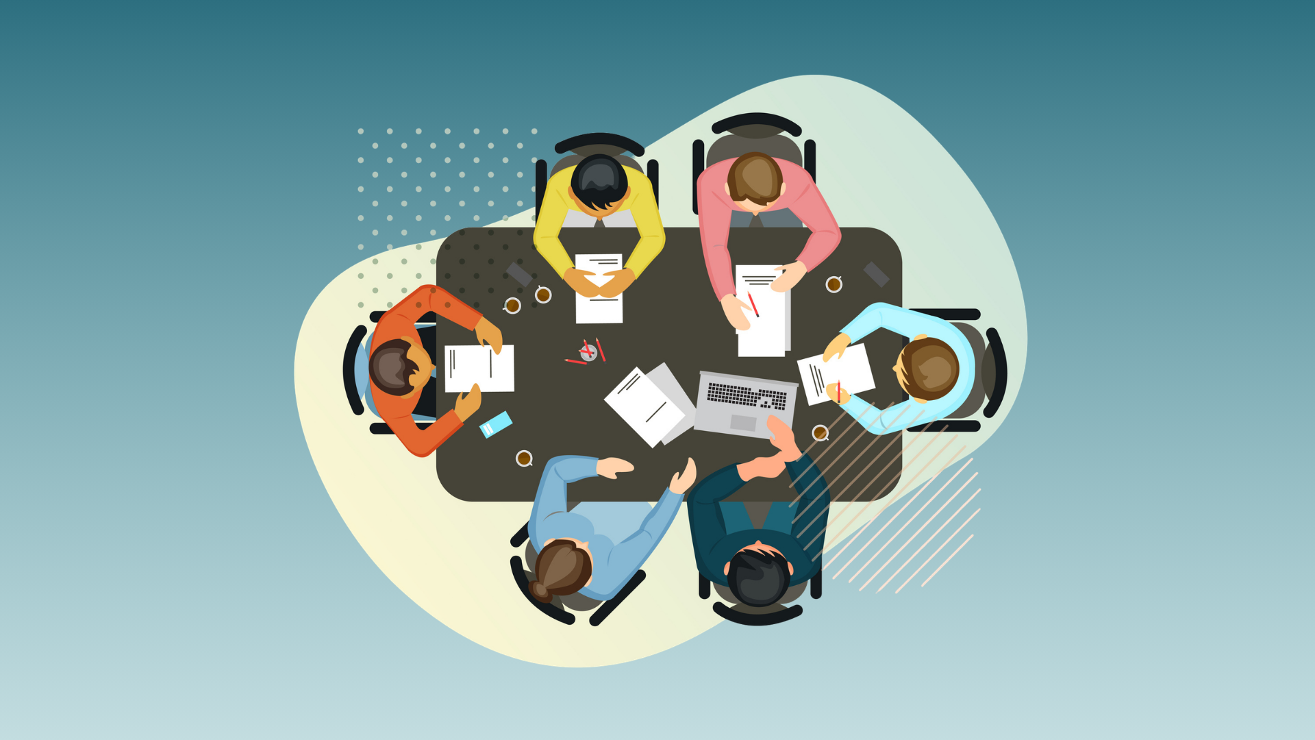 6 people working together