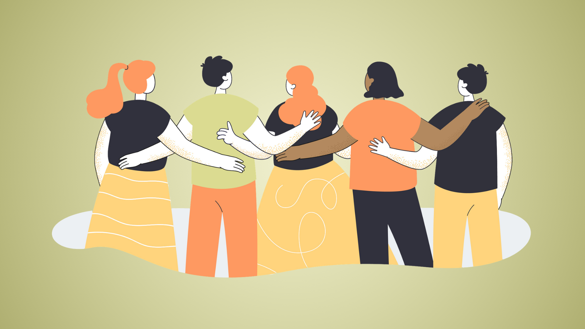 5 people with arms linked showing support for one another