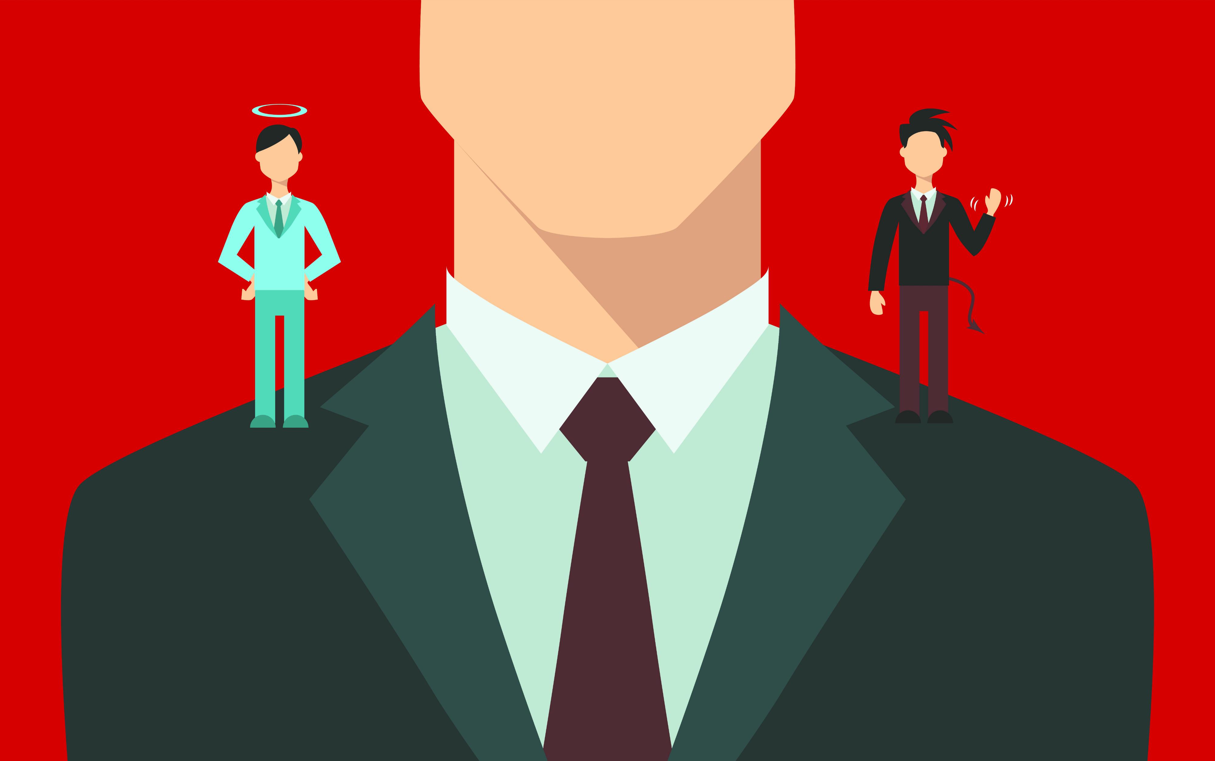 Angel and devil sitting on each shoulder