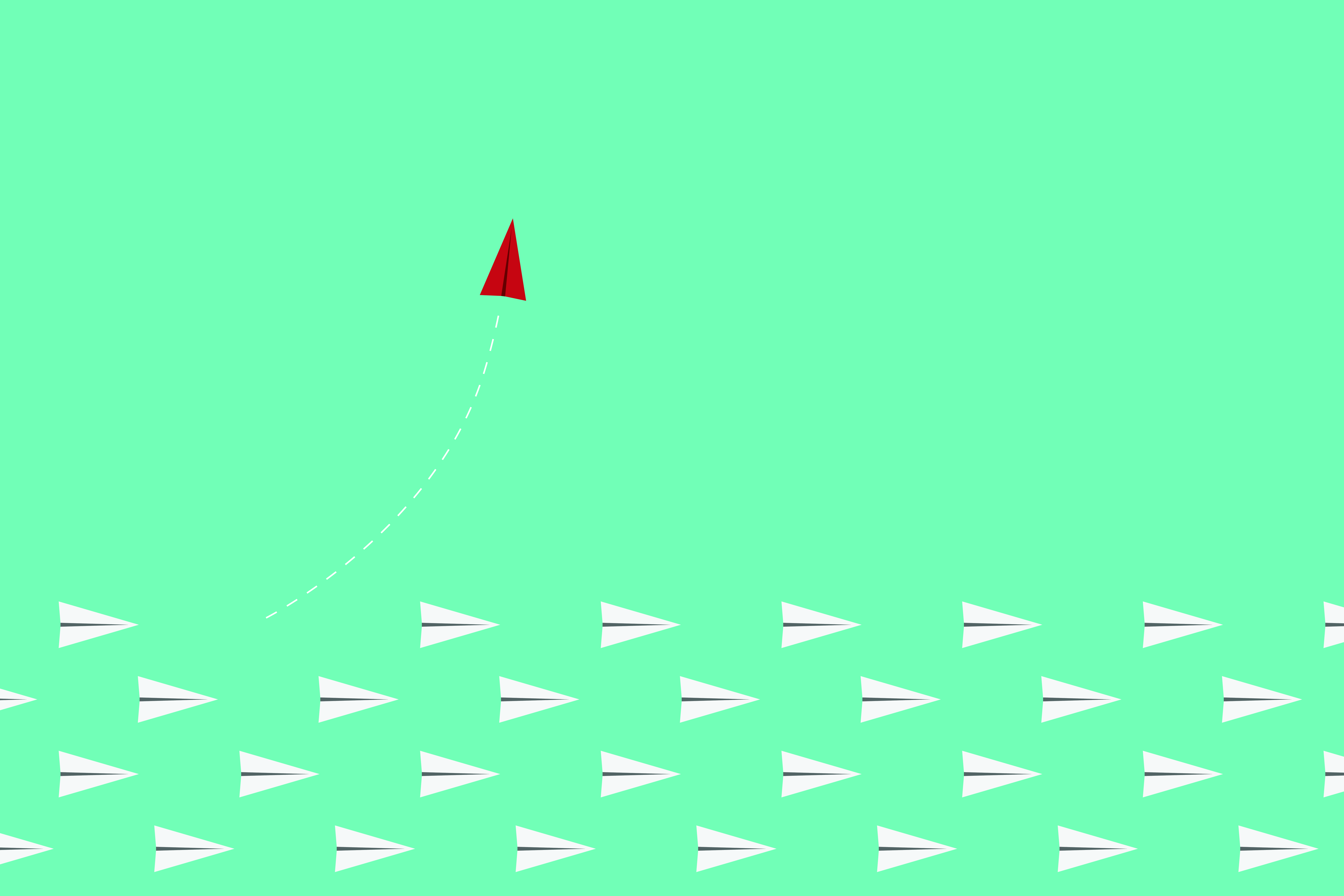 Several white paper airplanes flying in one direction and one red paper airplane flying in opposite direction