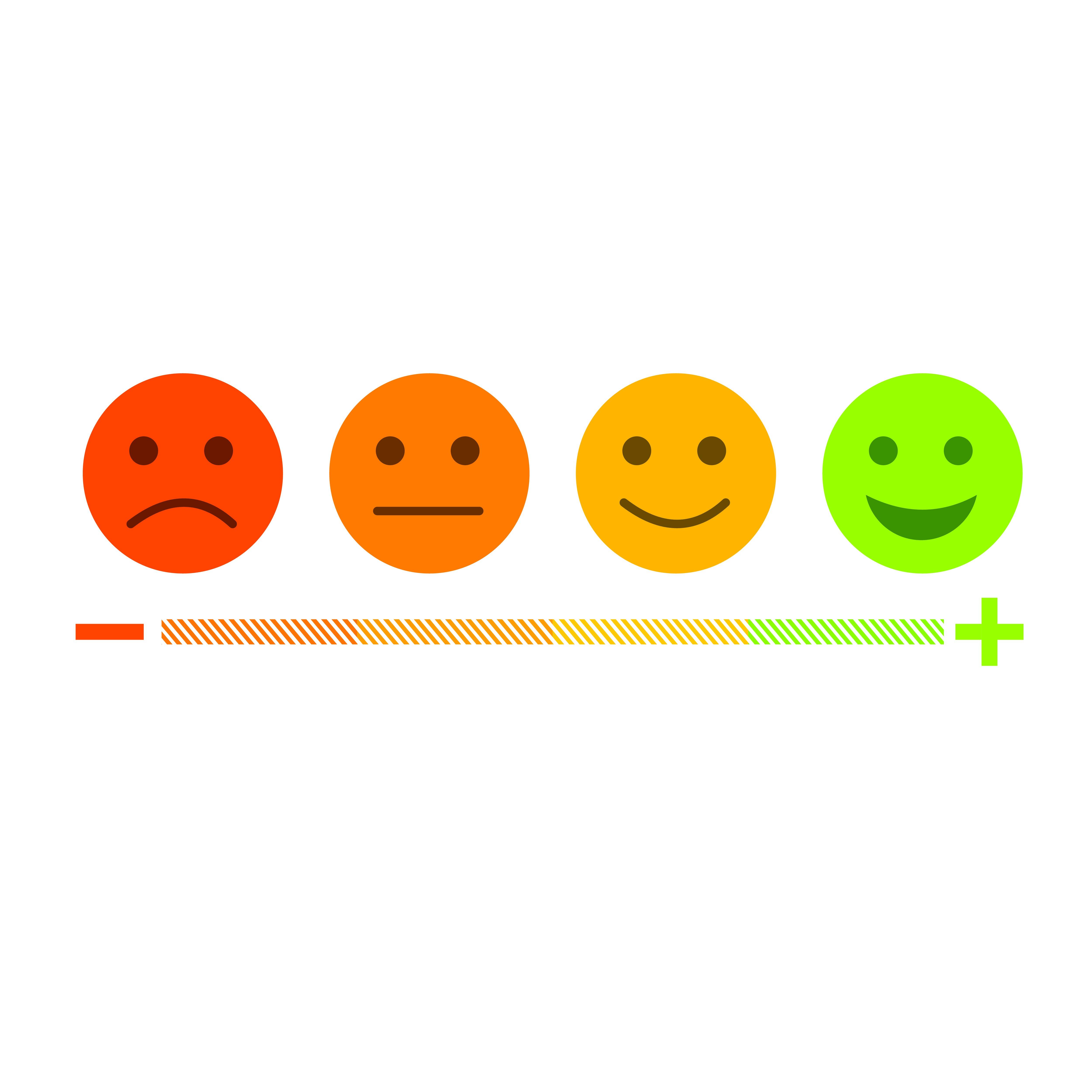 four emoticon faces in order from angry, content, happy, to excited