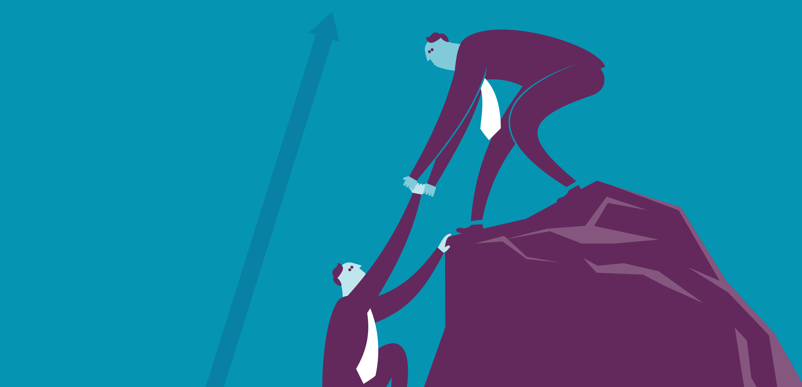 Man helping another man climb up a cliff