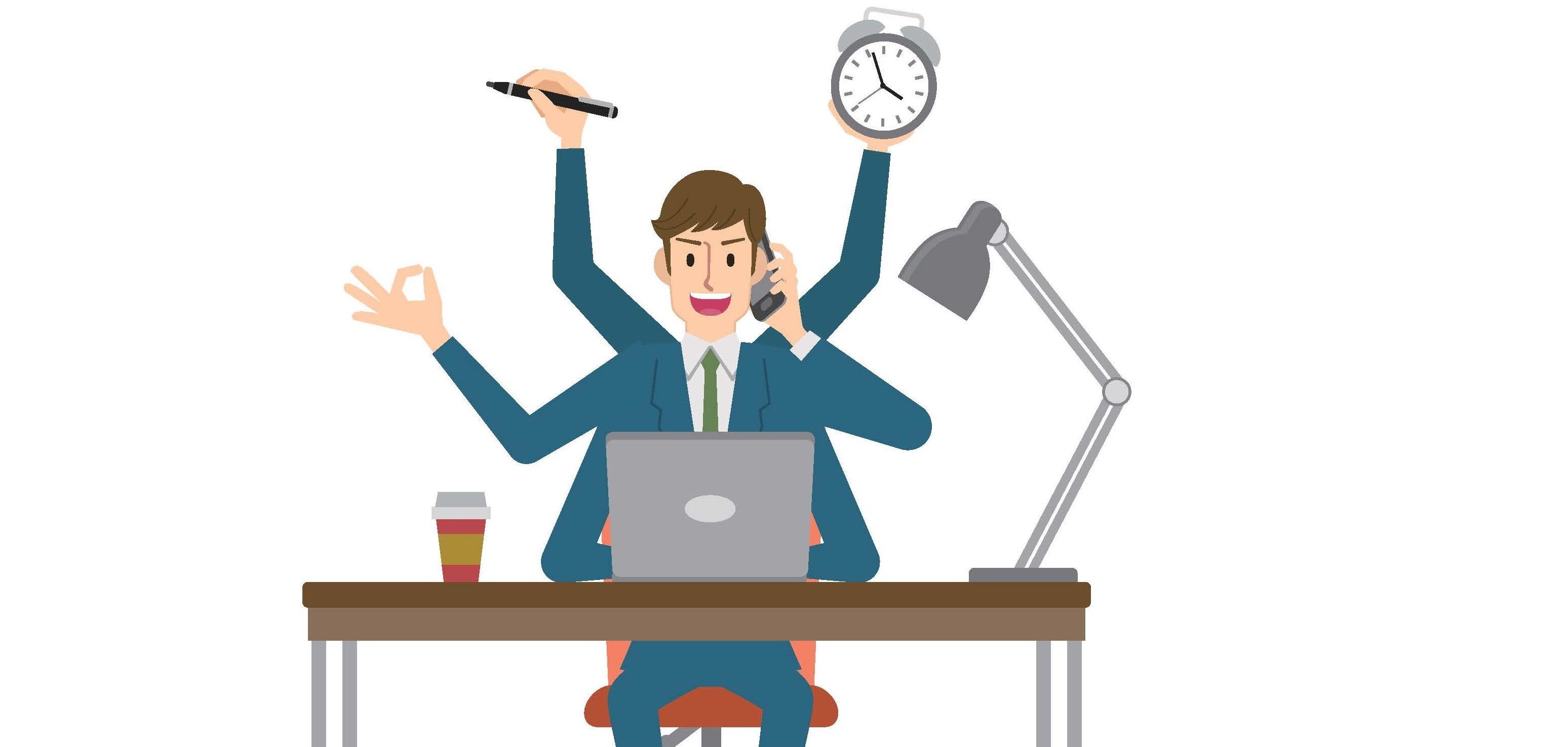Businessman multitasking with six arms