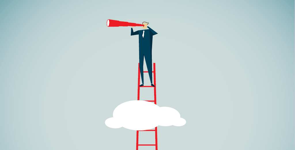man standing on ladder higher than clouds looking through telescope